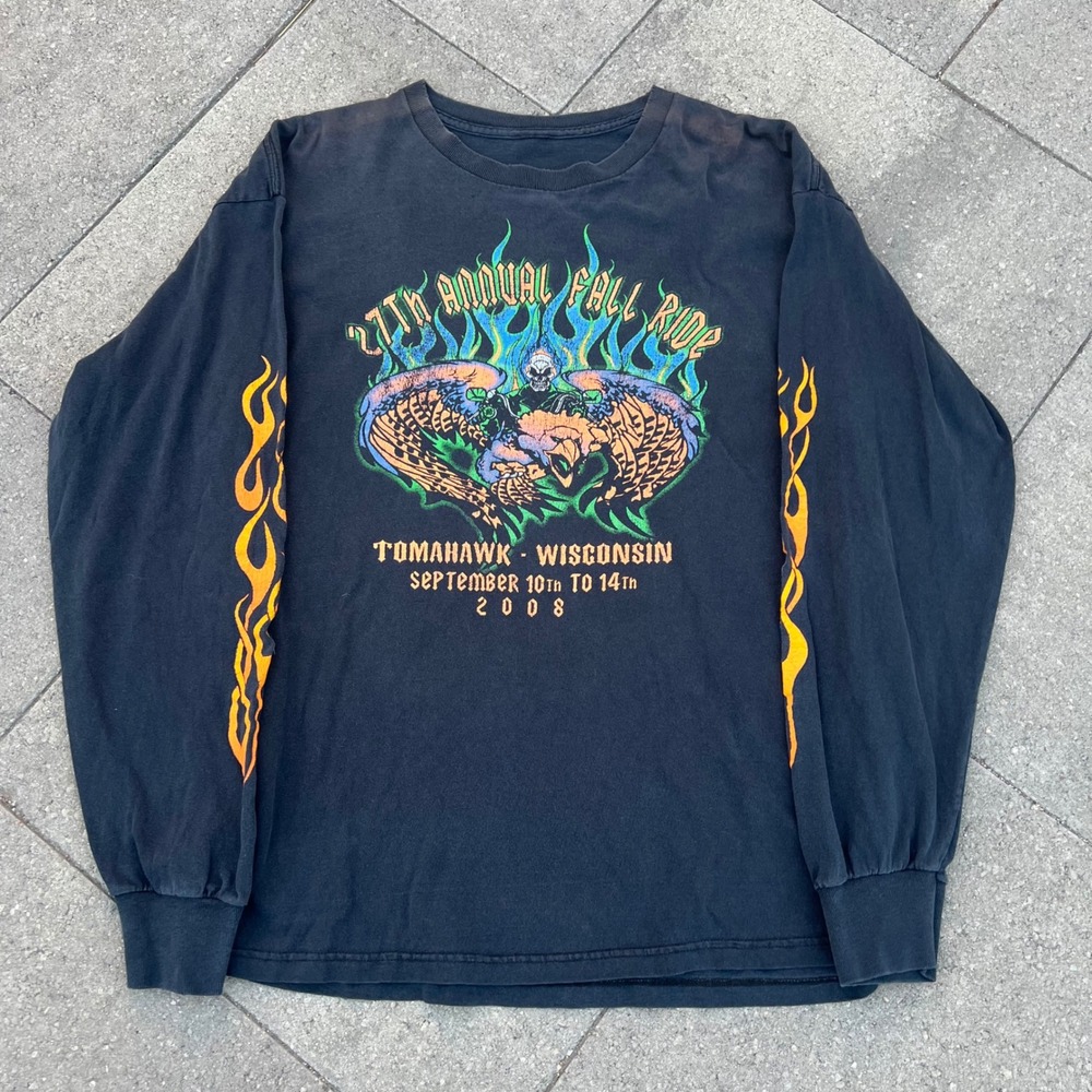 Vintage 2008 Tomahawk Wisconsin Fall Ride Biker Long Sleeve Shirt Black Large